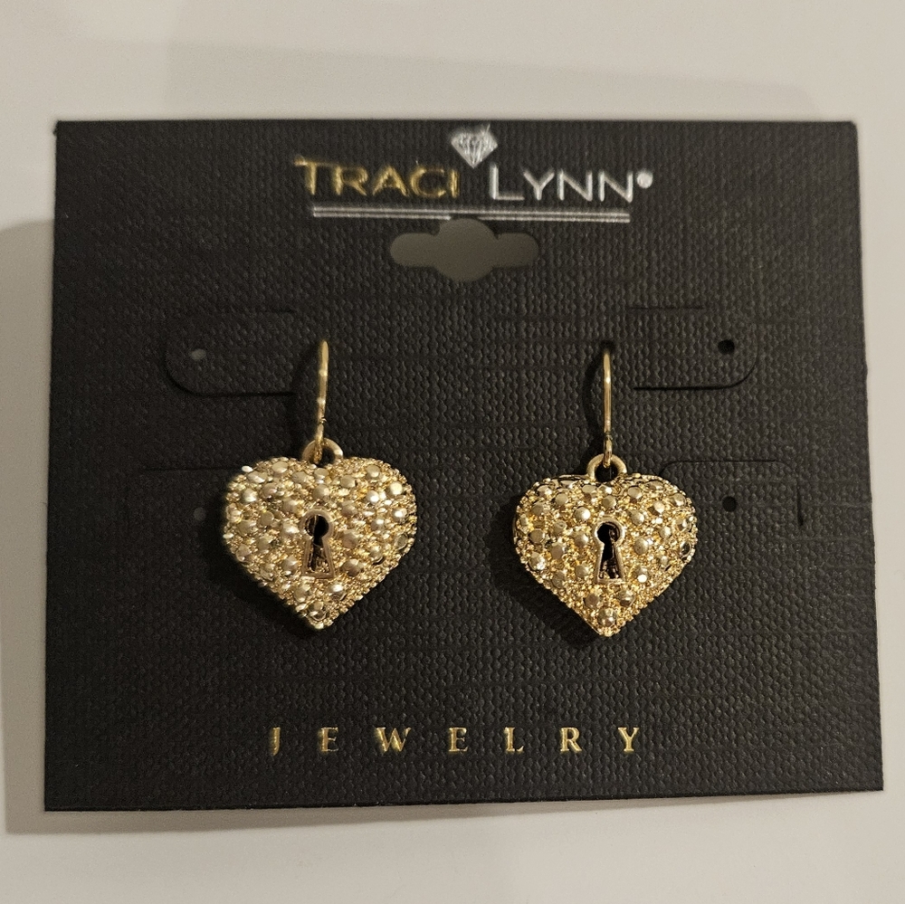 Traci Lynn Sparkling Gold Heart Earrings